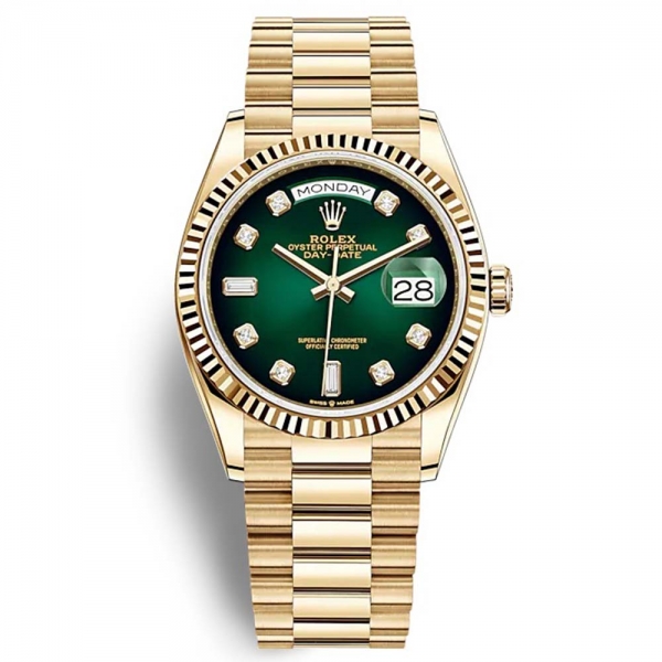 Montres Rolex Day-Date Classic pour hommes Oyster 36 mm en or jaune-vert