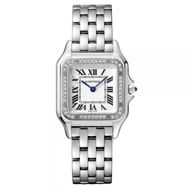 Cartier Panthere De Cartier Watch Medium Model Quartz Movement in Steel and Diamonds-Silver