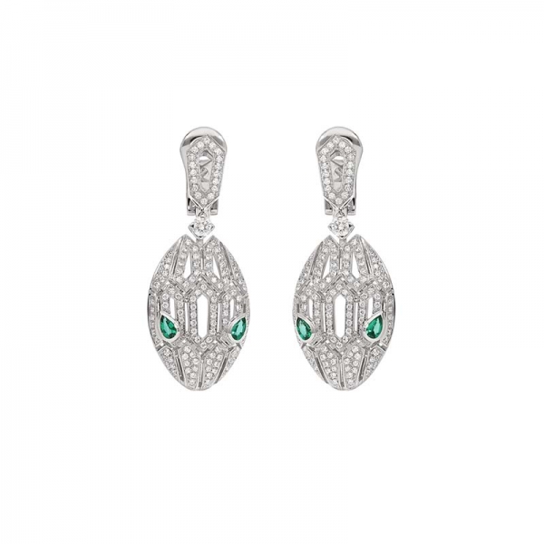 Pendientes Bulgari Serpenti en oro blanco con esmeraldas y plata