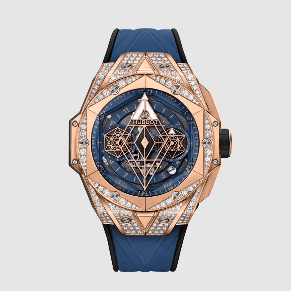  Hublot Men Big Bang Sang Bleu II King Gold Blue Pavé 45 mm