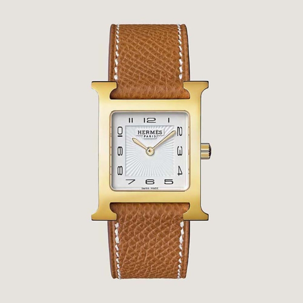 Hermes Women Heure H Watch Small Model Quartz Movement 25 mm in Yellow Gold-Plated Steel-Brown