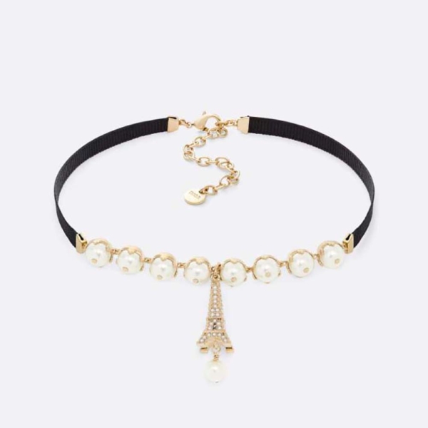 디올 여성용 플랜 드 파리 초커 골드 마감 메탈, 블랙 그로그랭 및 화이트 레진 진주