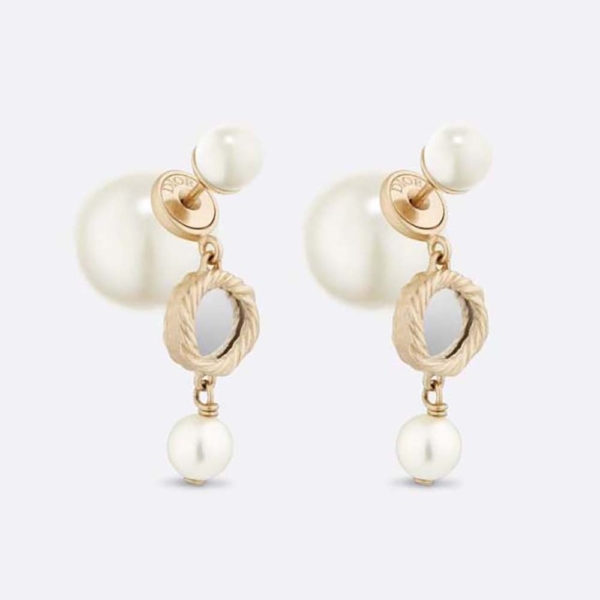 디올 여성용 트리발 귀걸이 골드 마감 메탈, 화이트 레진 진주 및 거울