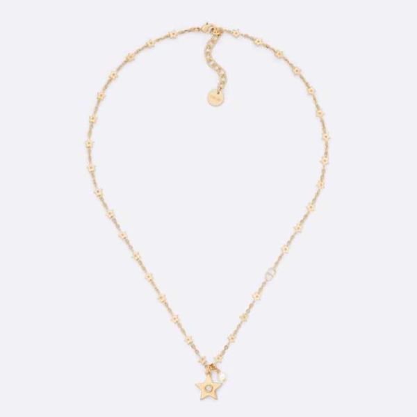 디올 여성용 스타 목걸이 골드 마감 메탈, 화이트 레진 진주와 거울