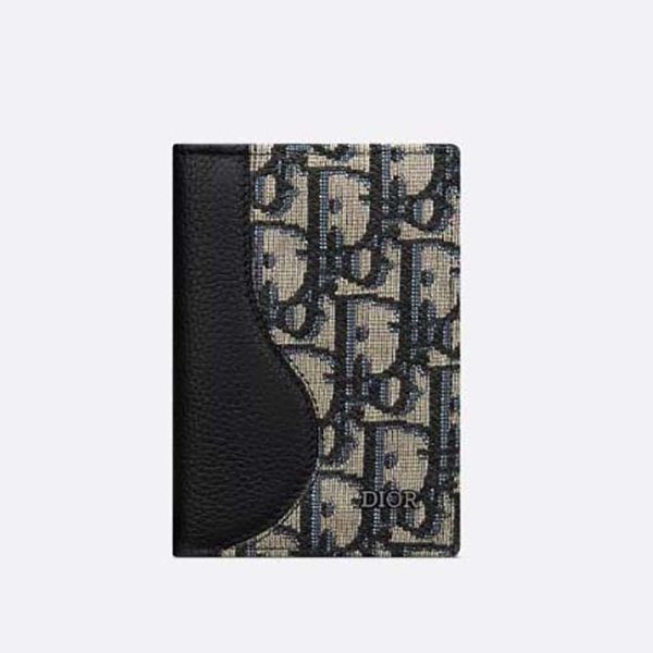 Dior Men Saddle Bi-fold Kartenetui Blaues genarbtes Kalbsleder mit Intarsienarbeit