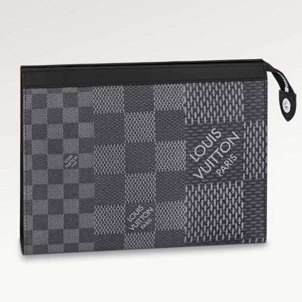 Louis Vuitton LV Unisex Pochette Voyage Grau Damier Graphit 3D Beschichtetes Canvas Schwarzes Rindsleder