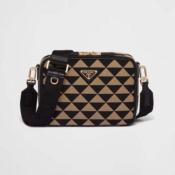 Prada Men Symbole Embroidered Fabric Bag-Beige/Black